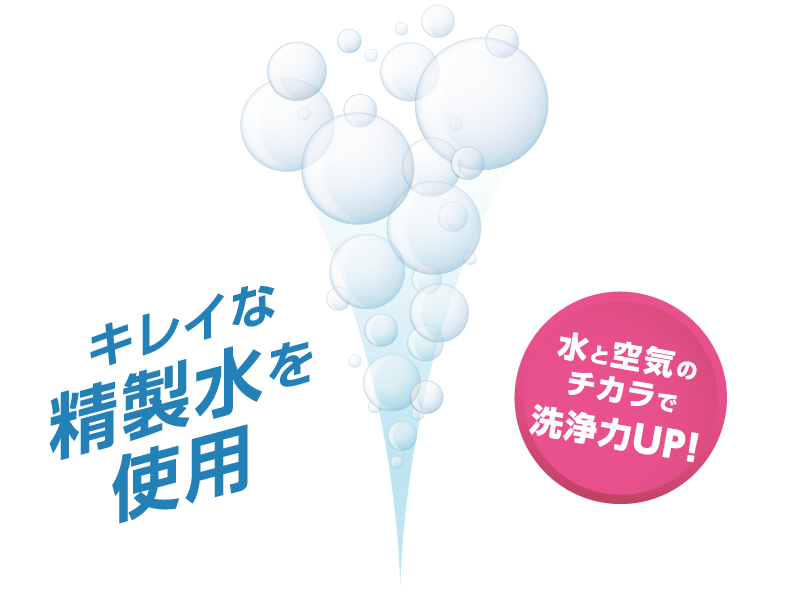 キレイな精製水を使用／水と空気のチカラで洗浄力UP！